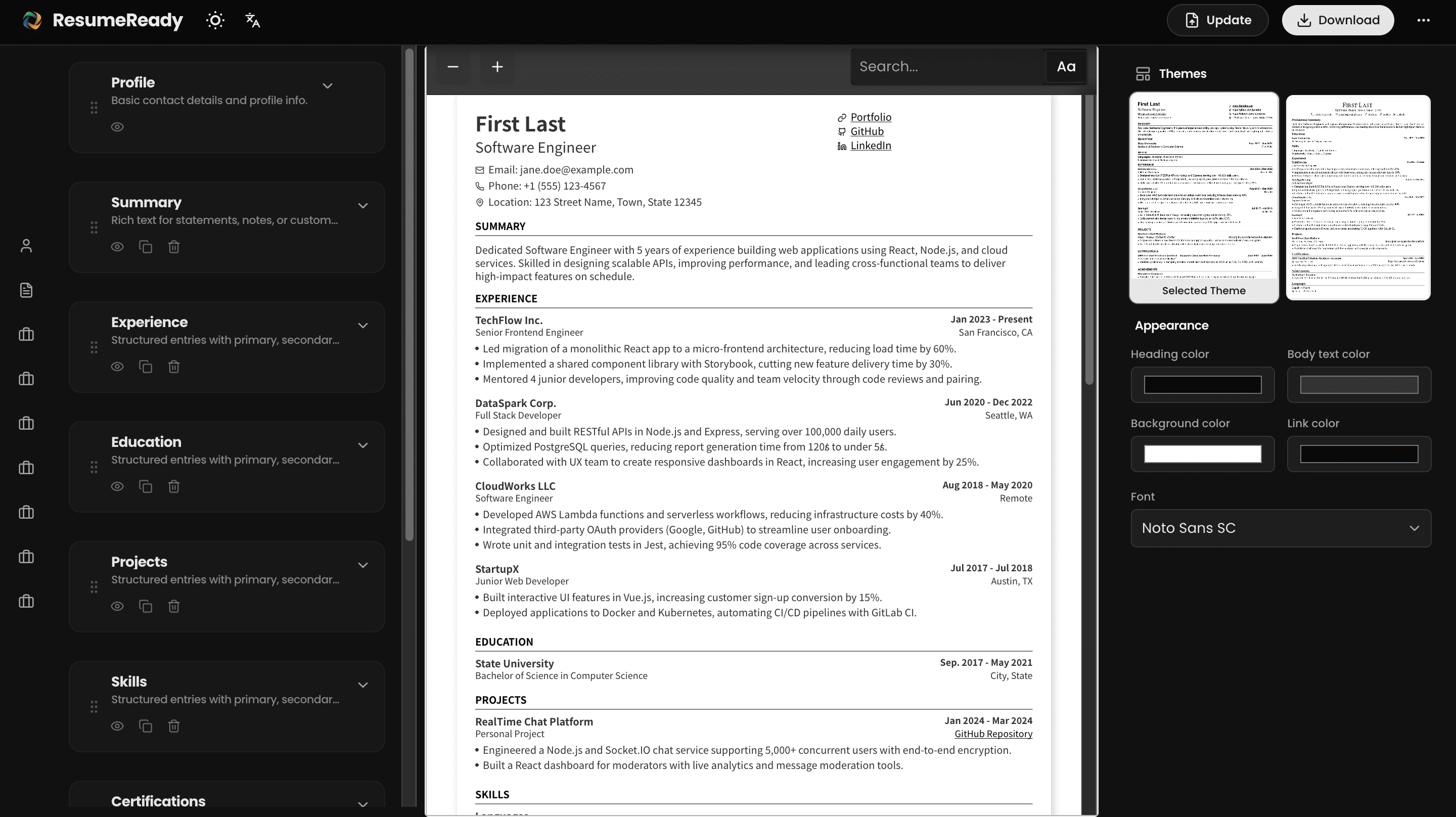 ResumeReady resume builder preview