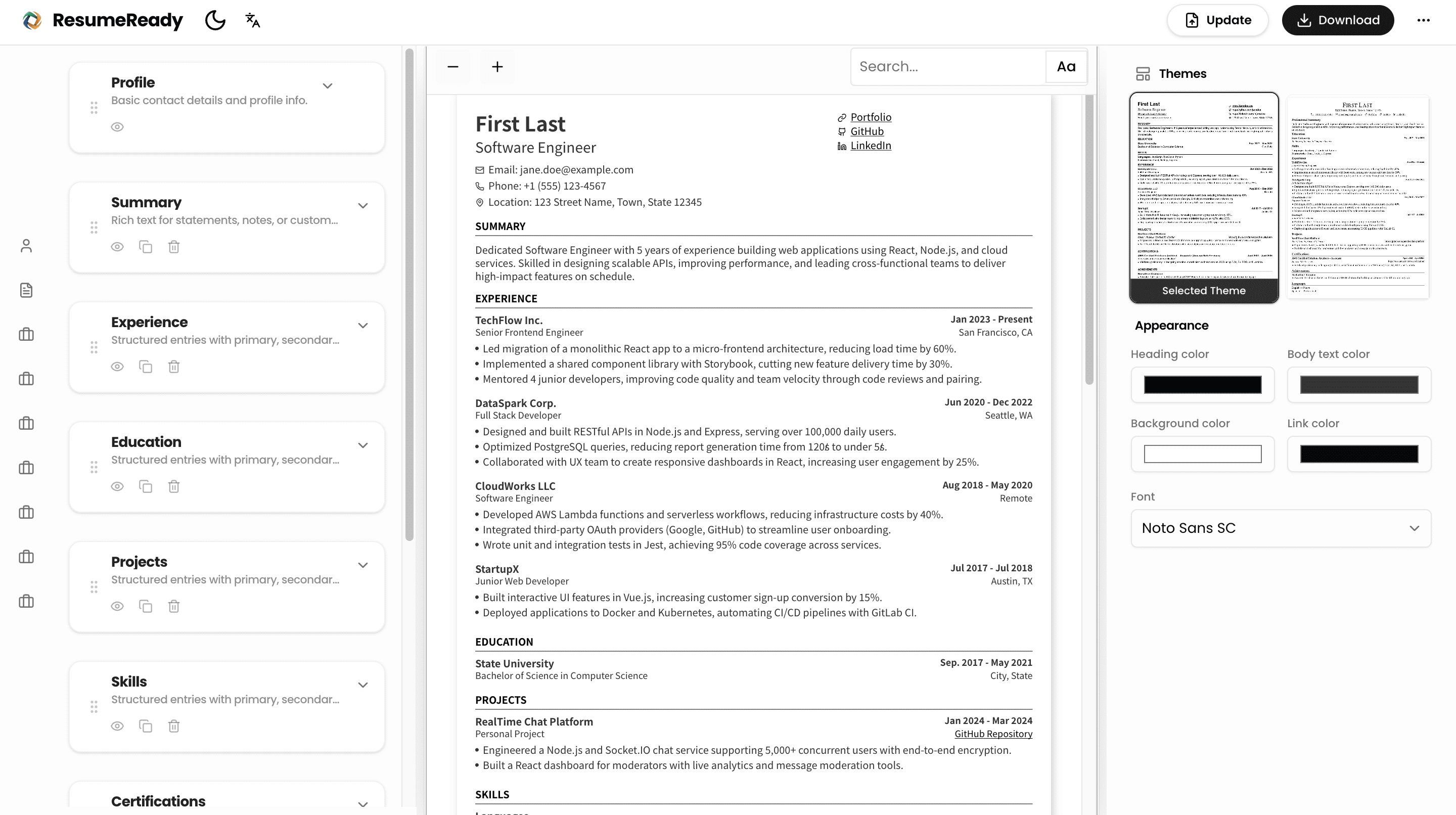 ResumeReady resume builder preview